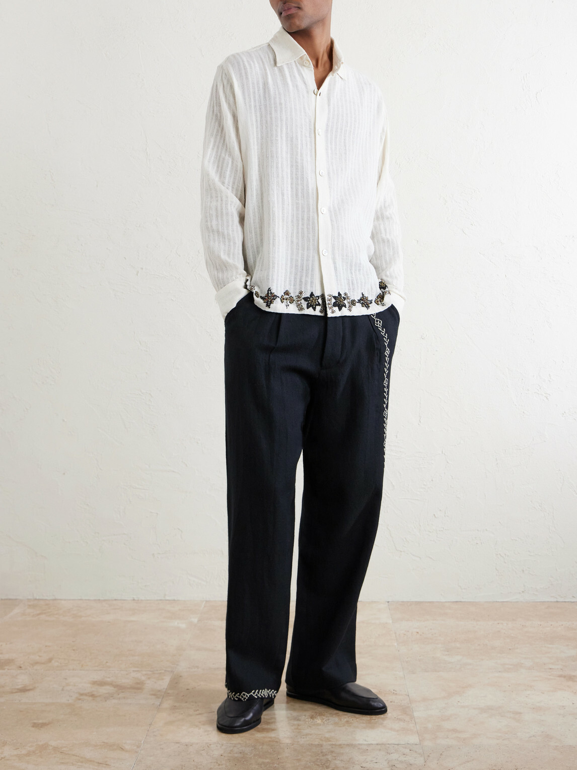 Kartik Research - Straight-Leg Pleated Embroidered Wool Trousers - Black