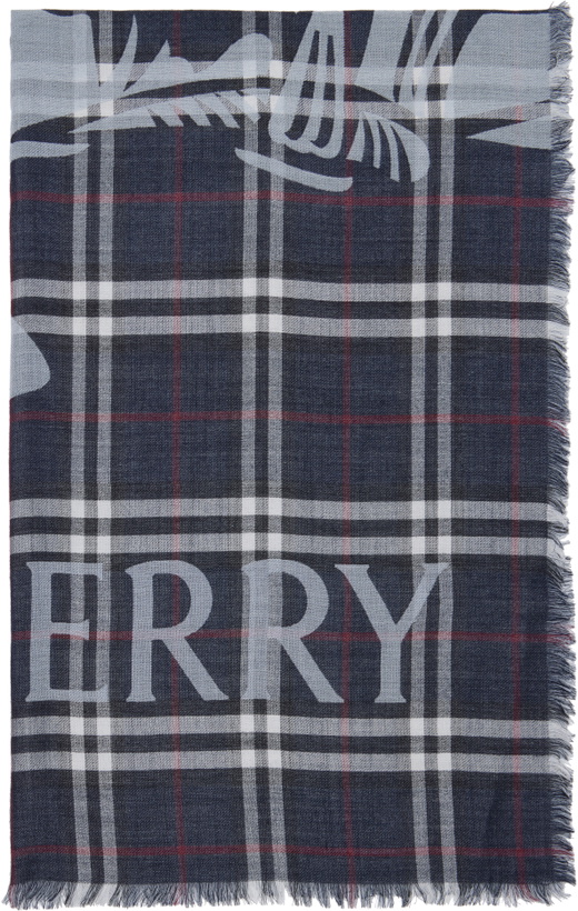 Photo: Burberry Navy Wide EKD Check Wool Silk Scarf