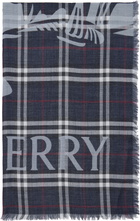 Burberry Navy Wide EKD Check Wool Silk Scarf