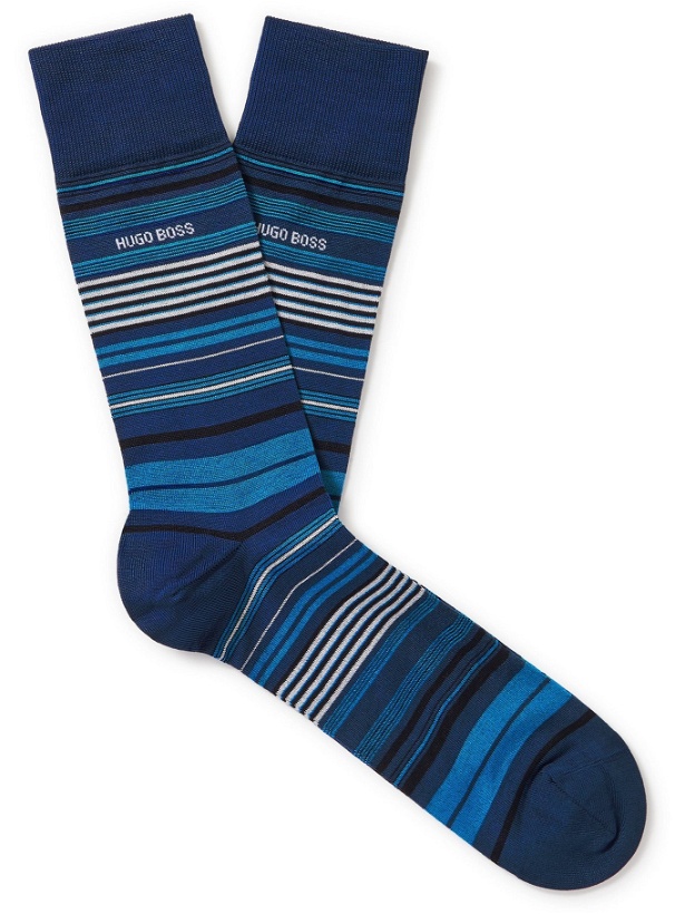 Photo: HUGO BOSS - Striped Mercerised Cotton-Blend Socks - Blue - EU 43/46