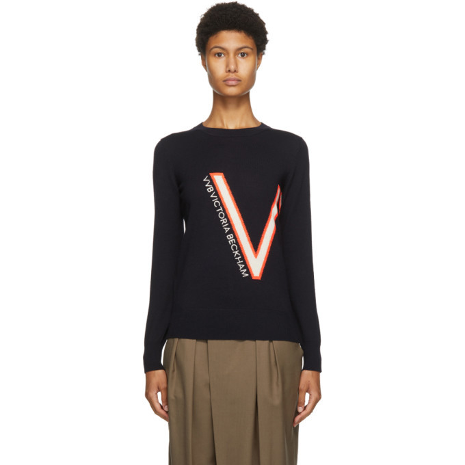 Victoria Victoria Beckham Navy Wool Logo Sweater Victoria Victoria