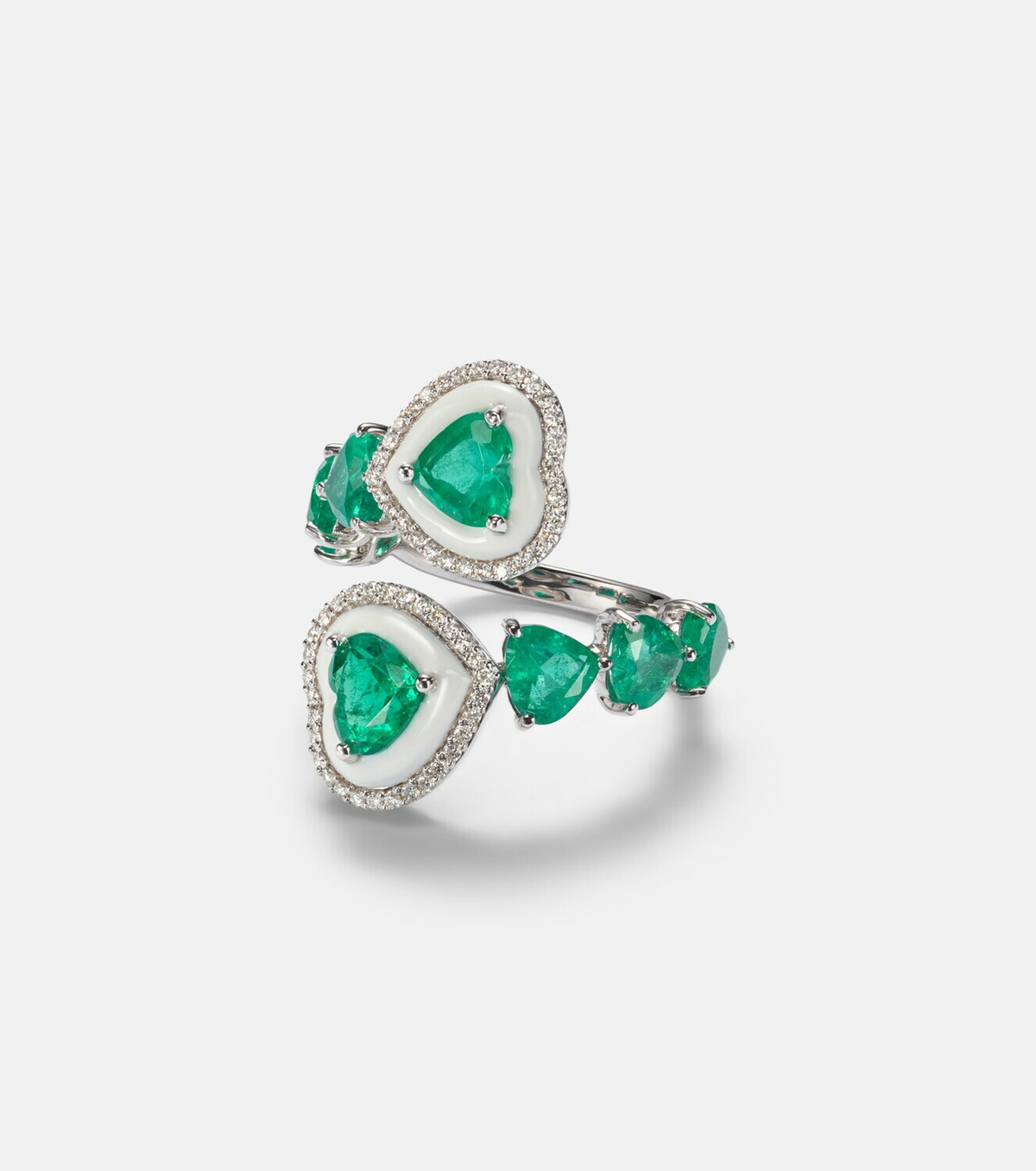 Kamyen Heart 18kt white gold and enamel ring with emeralds and diamonds