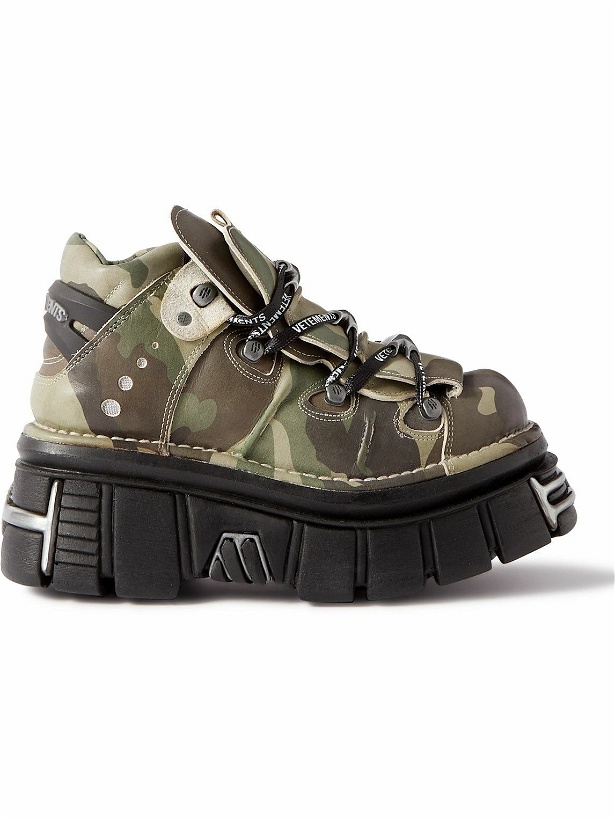 Photo: VETEMENTS - New Rock Embellished Camouflage-Print Leather Platform Sneakers - Green