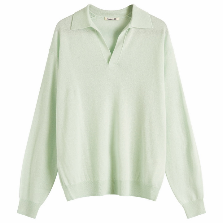 Photo: Auralee Women's Cashmere Silk Knit Skipper Polo in White Green