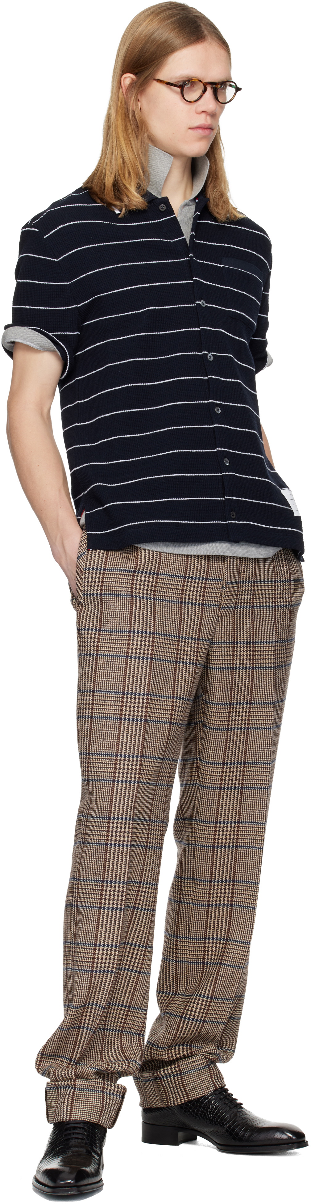 Thom Browne Navy Textured Stripe Short Sleeve Shirt