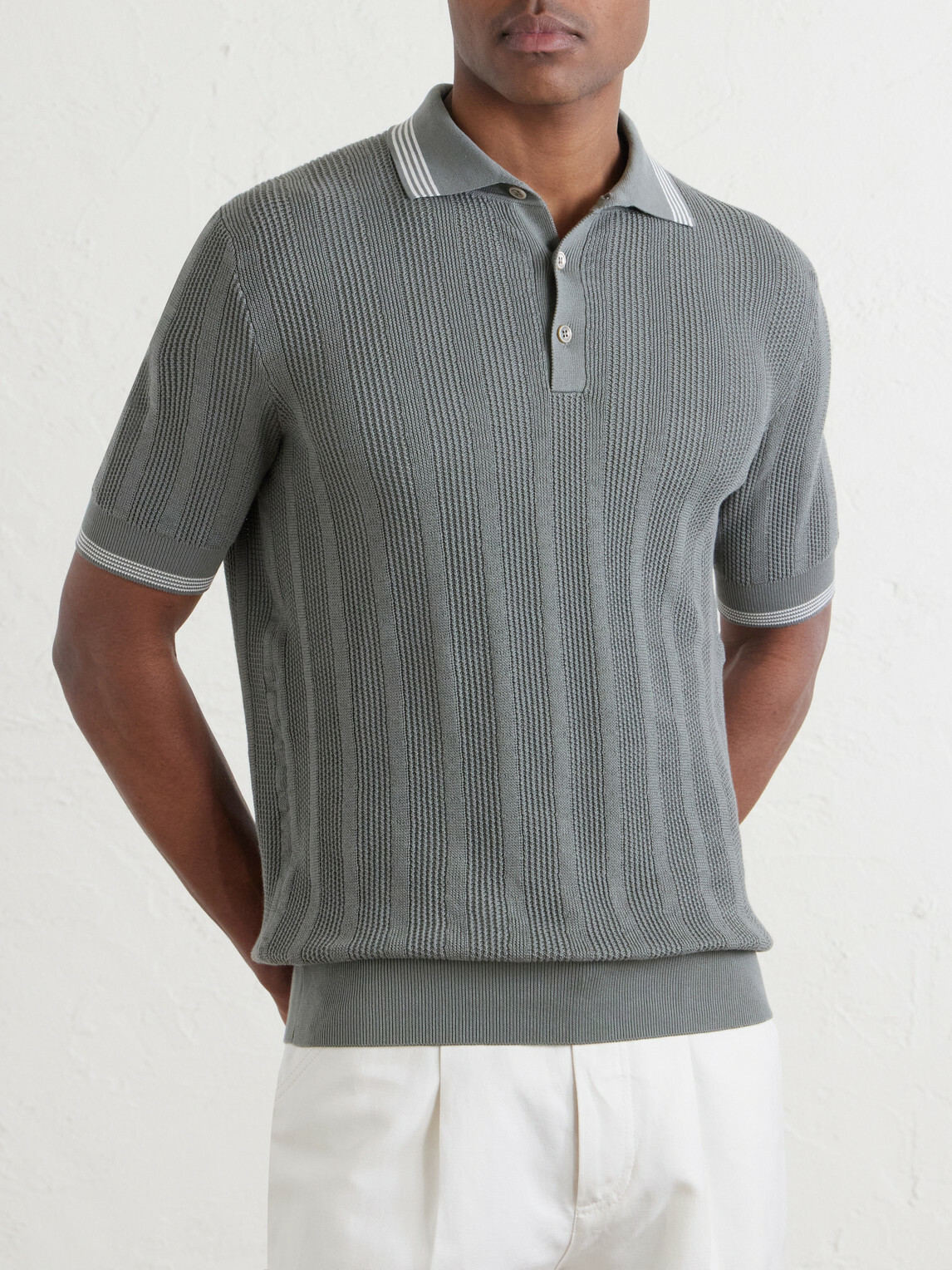 Brunello Cucinelli - Striped Pointelle-Knit Cotton Polo Shirt - Green