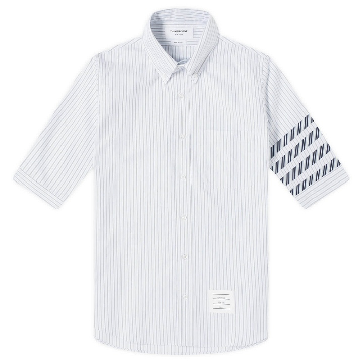 Photo: Thom Browne Men's 4-Bar Tricolour Short Sleeve Button Down Shirt in Medium Blue