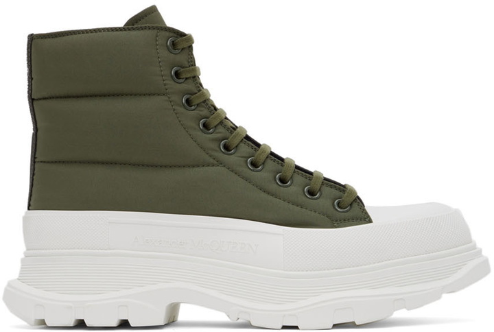 Photo: Alexander McQueen Khaki & White Tread Slick Boots