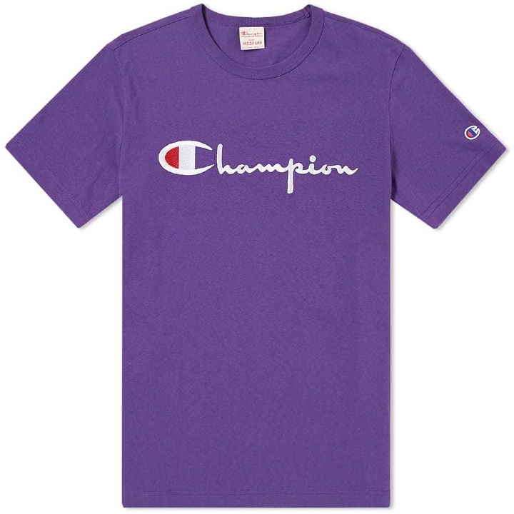 Photo: Champion Reverse Weave Script Logo Tee Purple