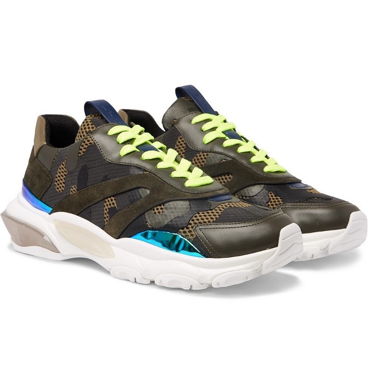 Photo: Valentino - Valentino Garavani Bounce Leather, Suede and Mesh Sneakers - Army green