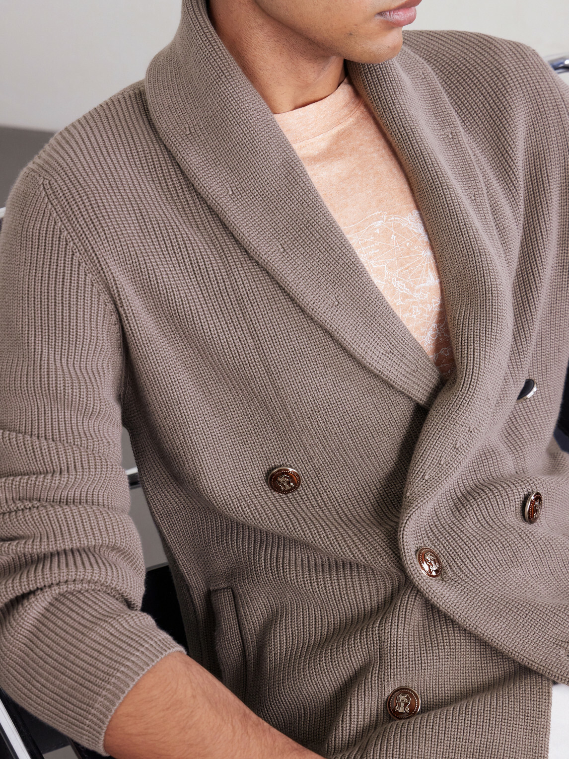 Brunello Cucinelli - Shawl-Collar Double-Breasted Ribbed Cotton Cardigan - Brown