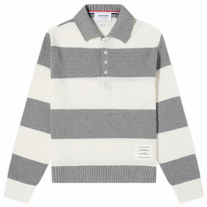 Photo: Thom Browne Men's Rugby Stripe Knitted Polo Shirt in Light Grey