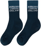 Burberry Navy Two-Tone Logo Intarsia Socks