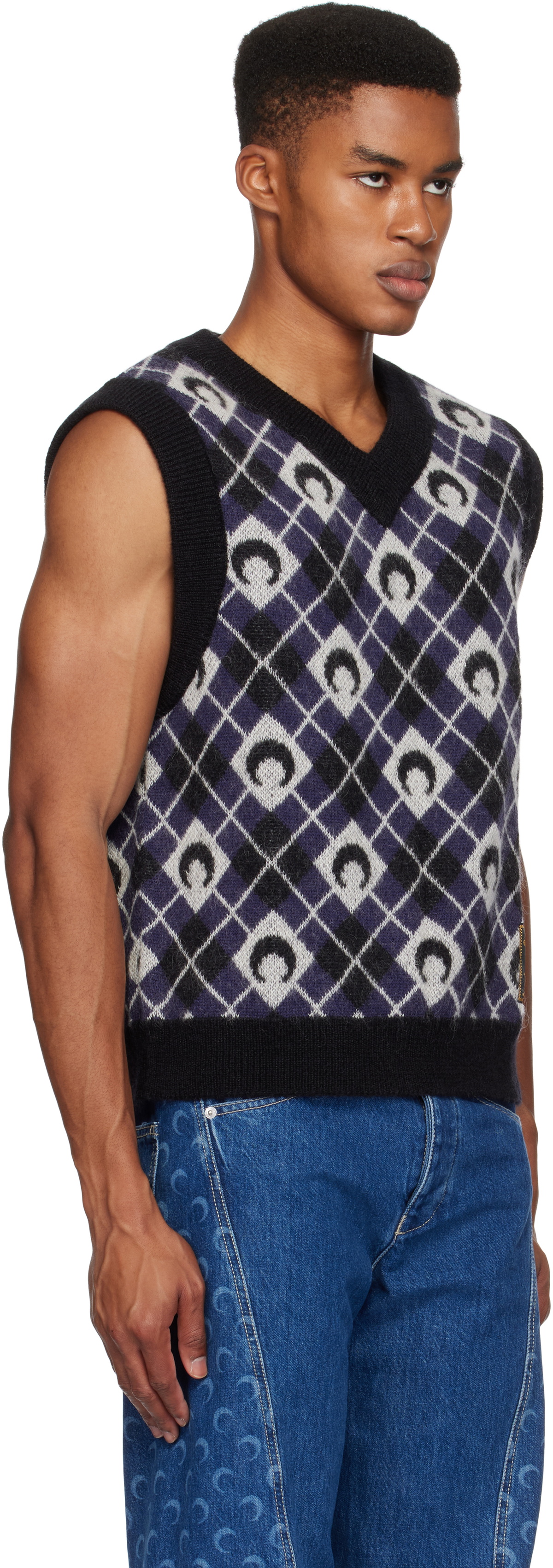 Marine Serre Black & Navy Moon Argyle Knit Vest Marine Serre