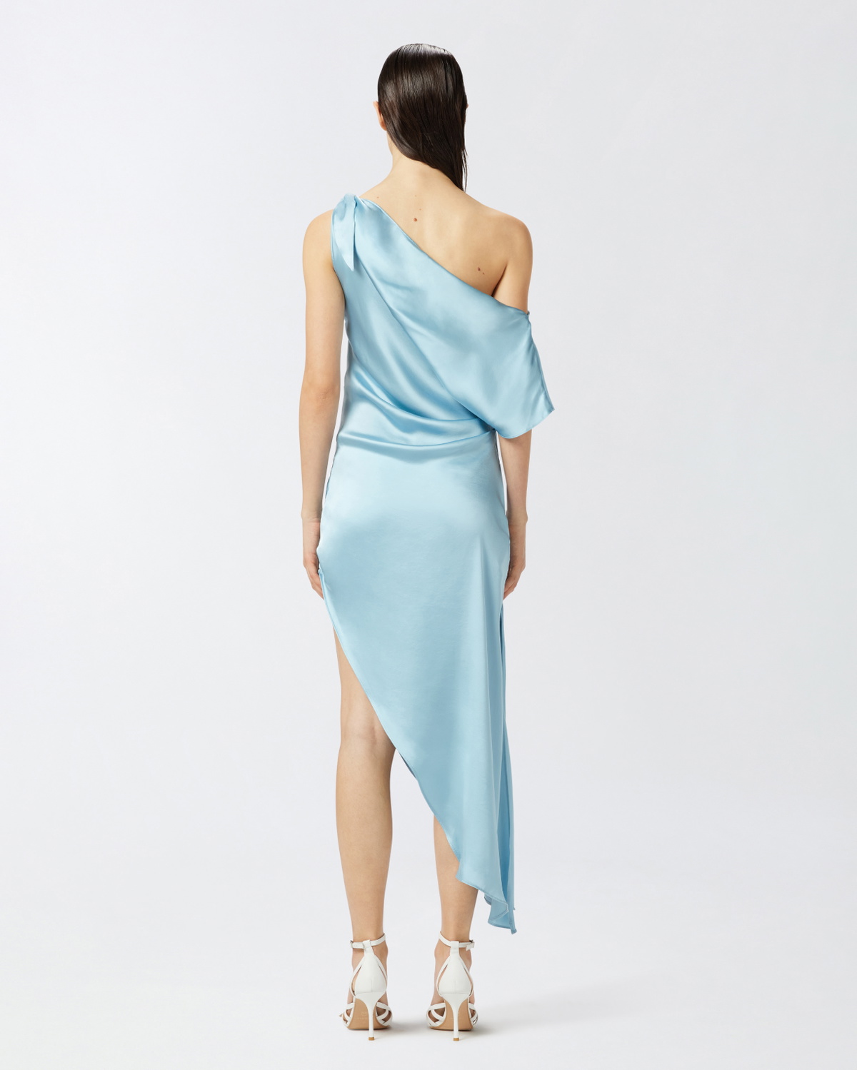 Pinko Asymmetric Special Occasion Midi Dress In Satin Crystal Blue