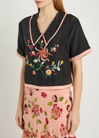 Rixo Nicolina Floral-embroidered Silk top Black