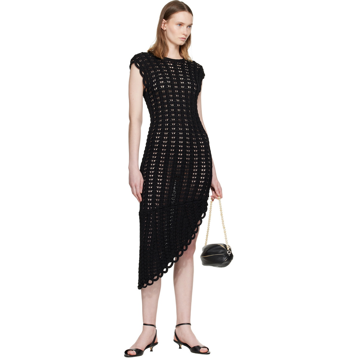Loulou de Saison Black Malena Ruffled Crochet Midi Dress