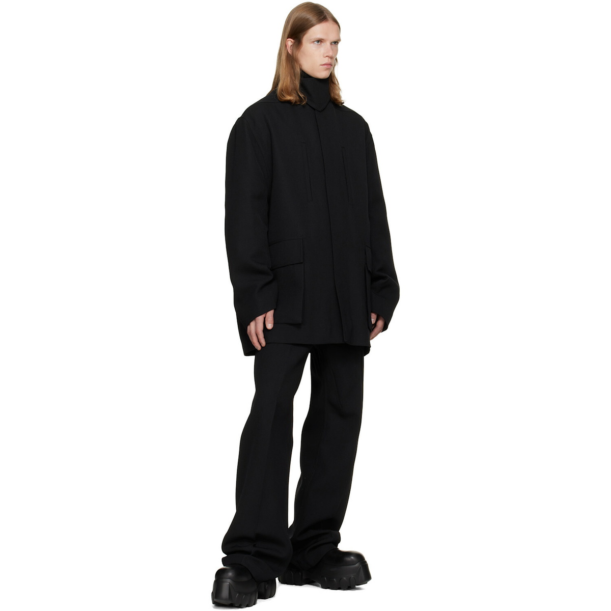 Rick Owens Black Tower Collared Mac Coat