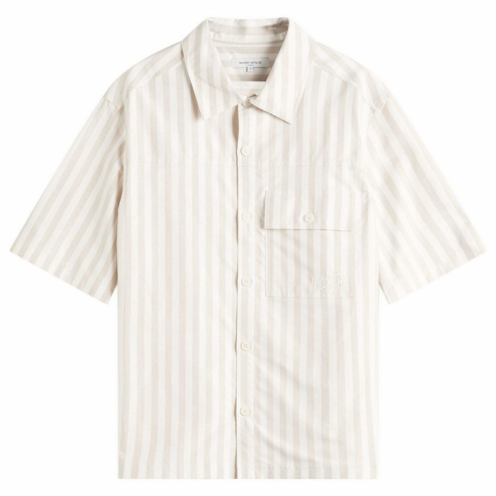 Photo: Maison Kitsuné Men's Short Sleeve Handwriting Overshirt in Cork Stripe