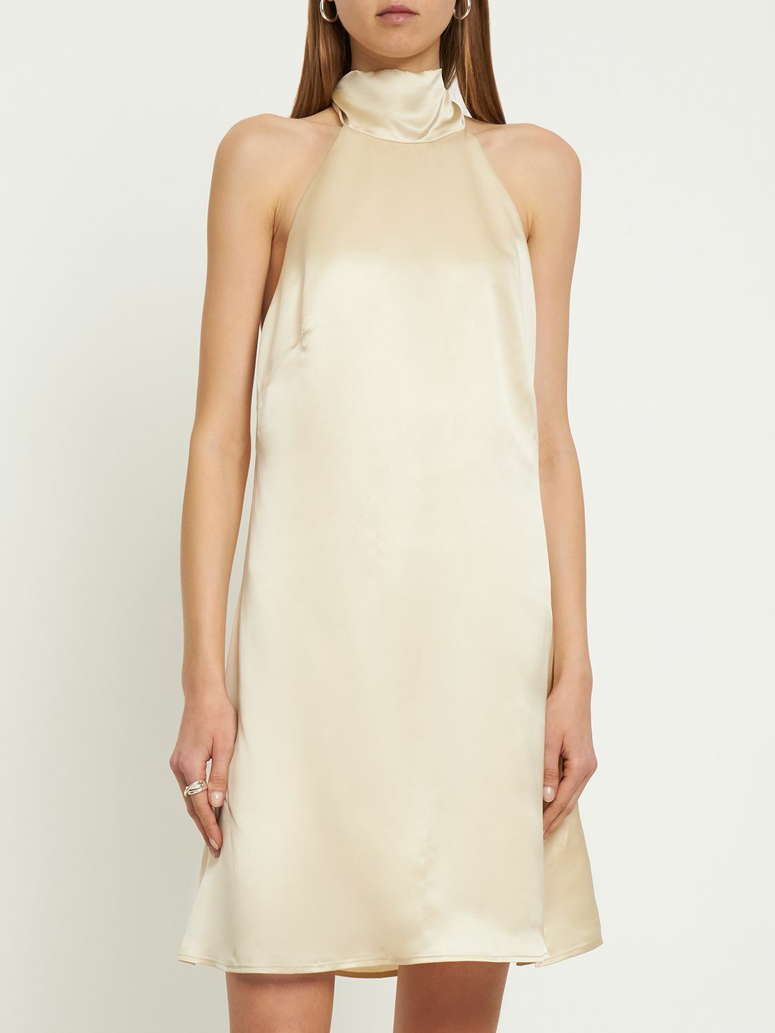 DEVEAUX Reed Cupro Satin Halter Neck Mini Dress