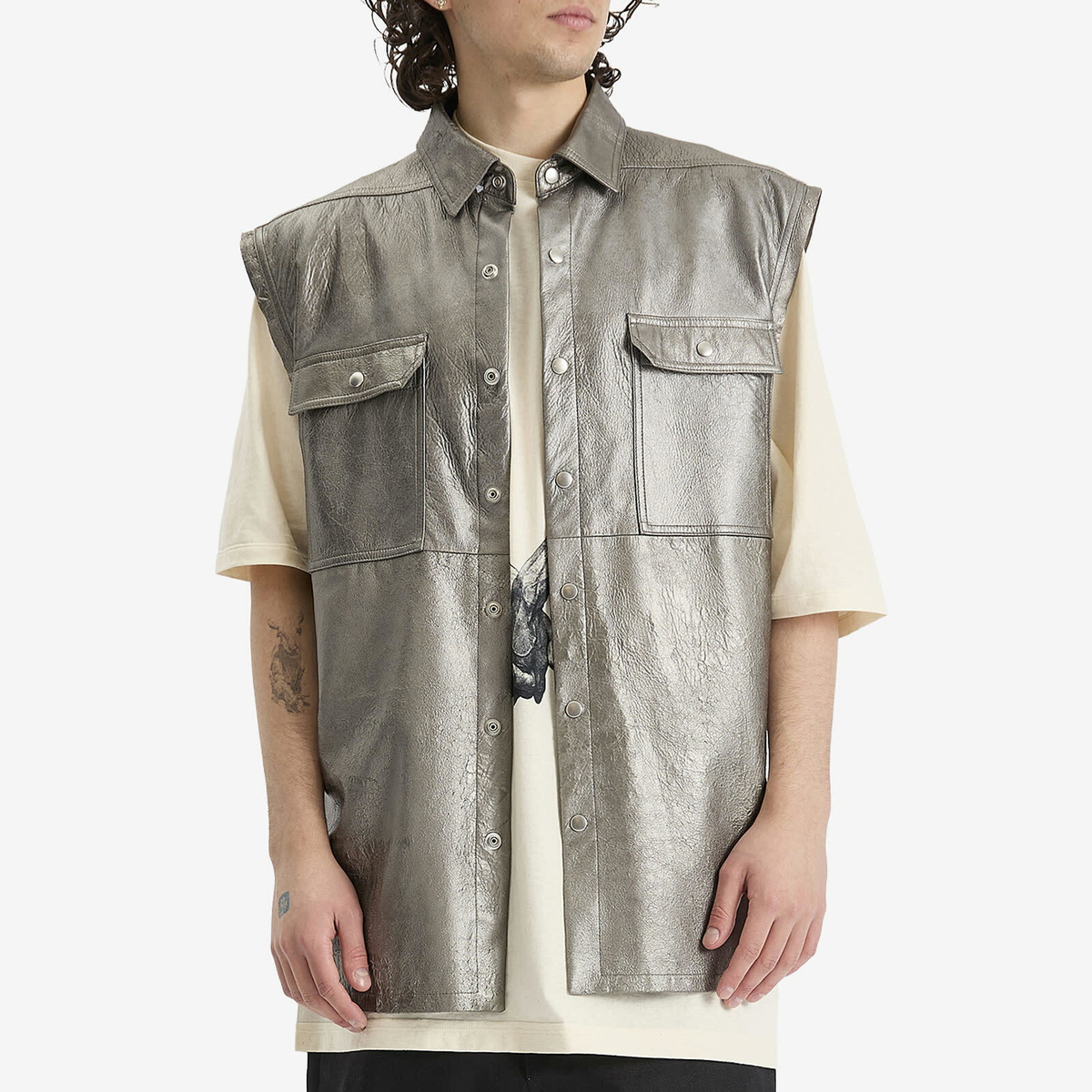 Rick Owens Men's Leather Jumbo Outershirt in Gunmetal Rick Owens