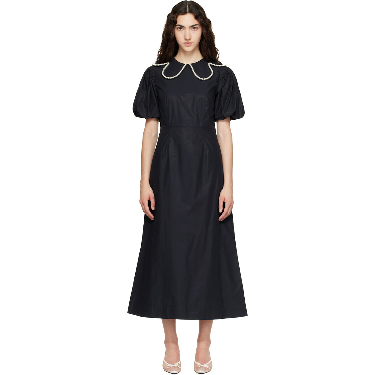 Simone Rocha Black Puff Sleeve Petal Collar Midi Dress