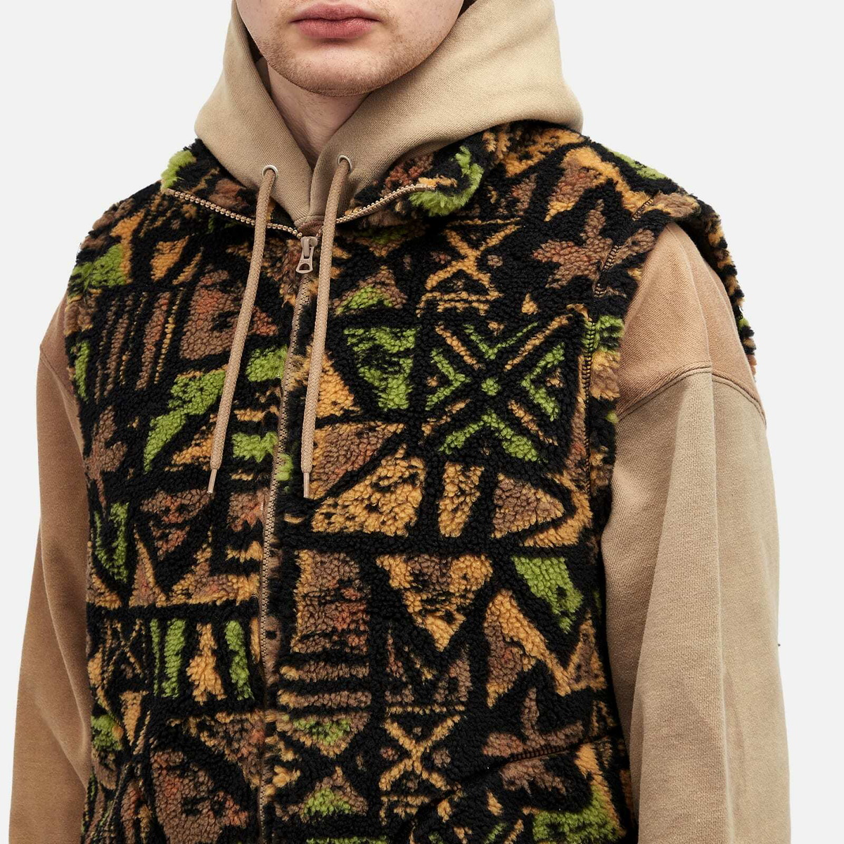 Beams Plus Men's Stand Collar Fleece Zip Vest in Batik