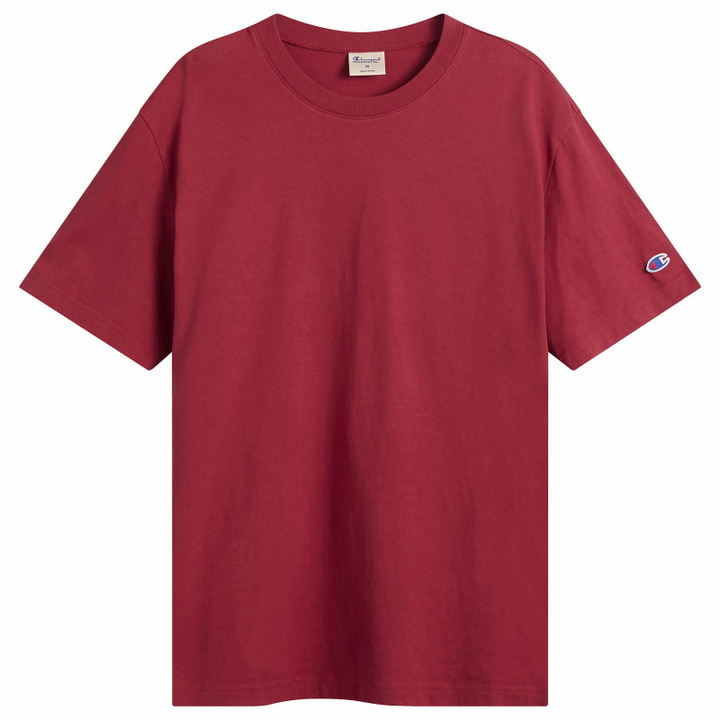 Photo: Champion Men's Reverse Weave Relaxed T-Shirt in Washed Red