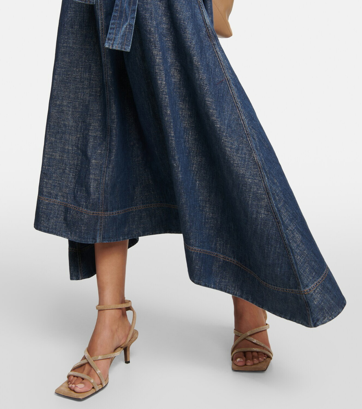 brunello denim dress Brunello Cucinelli Denim Belted Midi Dress With Monili Neckline