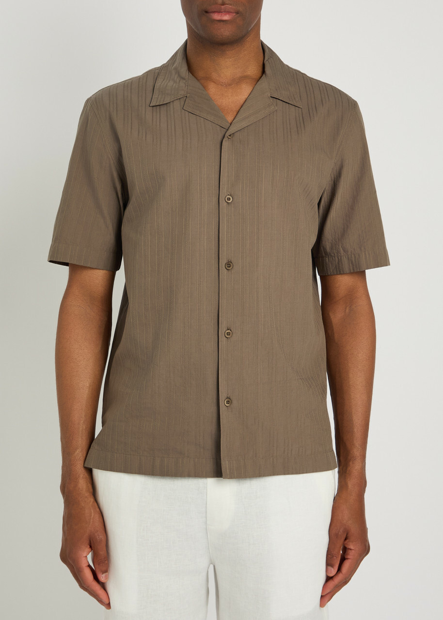 Sunspel Striped Embroidered Cotton Shirt Brown