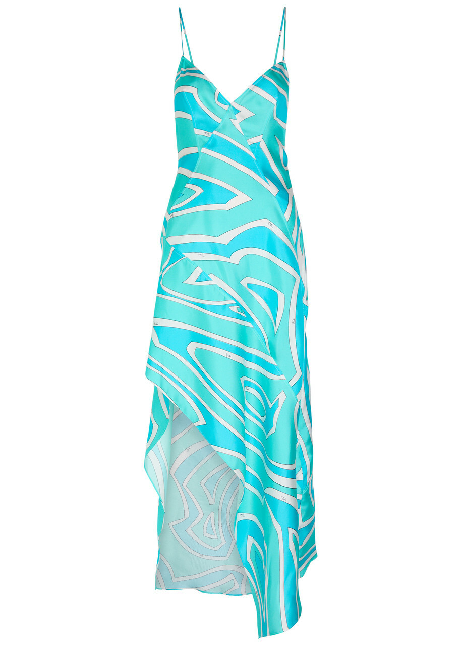 Pucci Abito Printed Silk-twill Midi Dress Turquoise