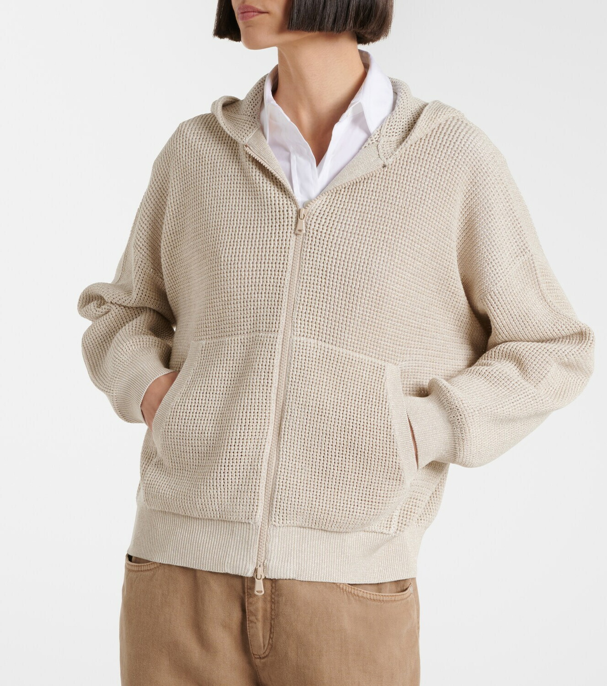 Brunello Cucinelli Open-knit cotton-blend lamé zip-up hoodie