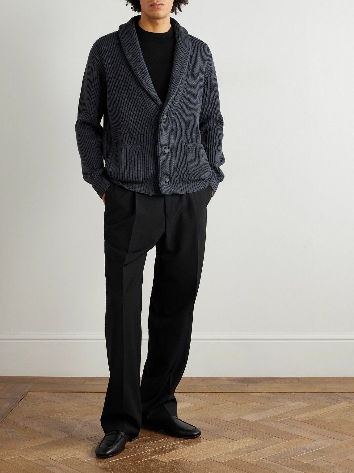 Thom Sweeney - Shawl-Collar Ribbed Wool Cardigan - Blue