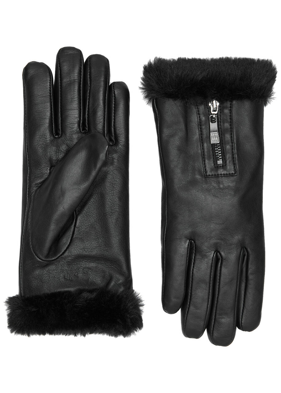 Dents Yasmin Faux Fur-trimmed Leather Gloves Black