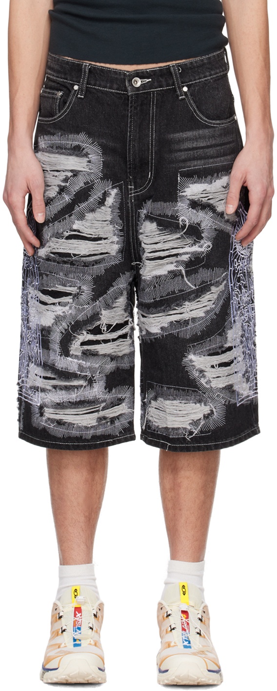 Photo: Who Decides War Black Embroidered Denim Shorts