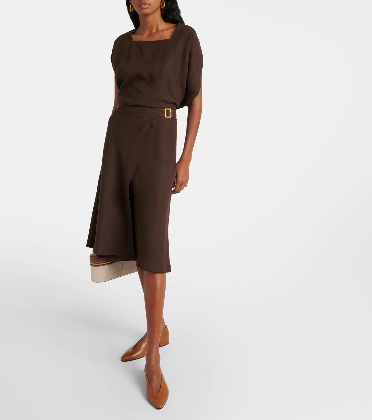 Loro Piana Irene belted linen crêpe midi skirt