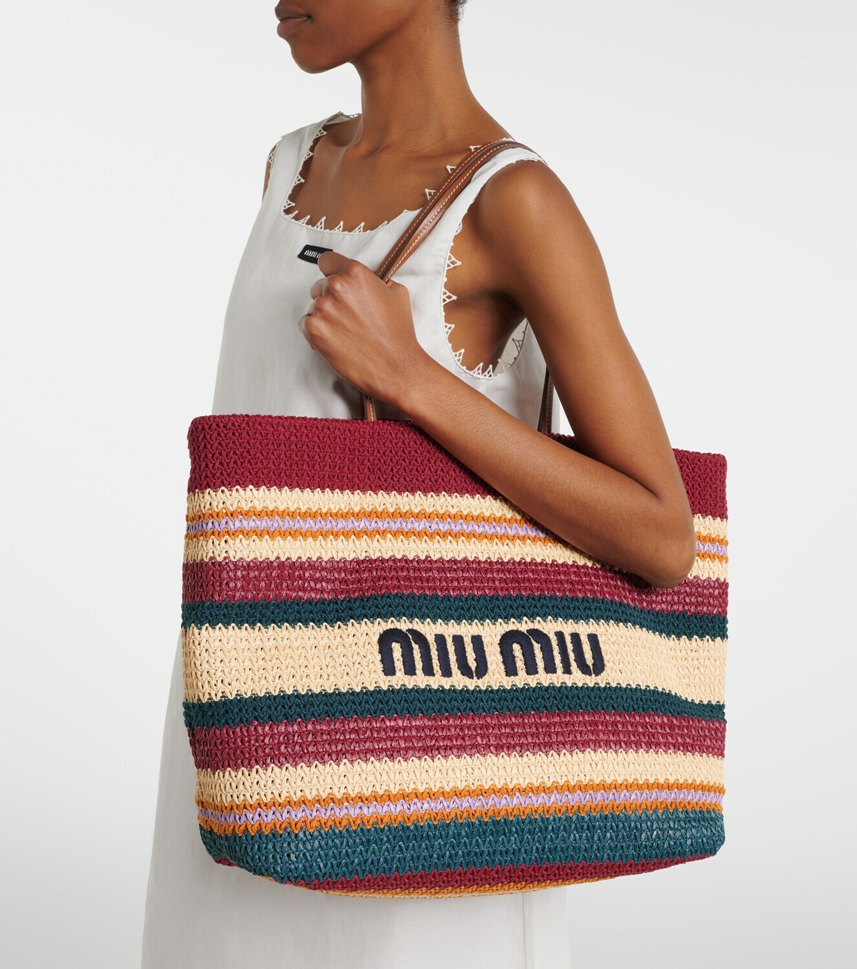 Miu Miu Striped woven raffia-effect tote bag