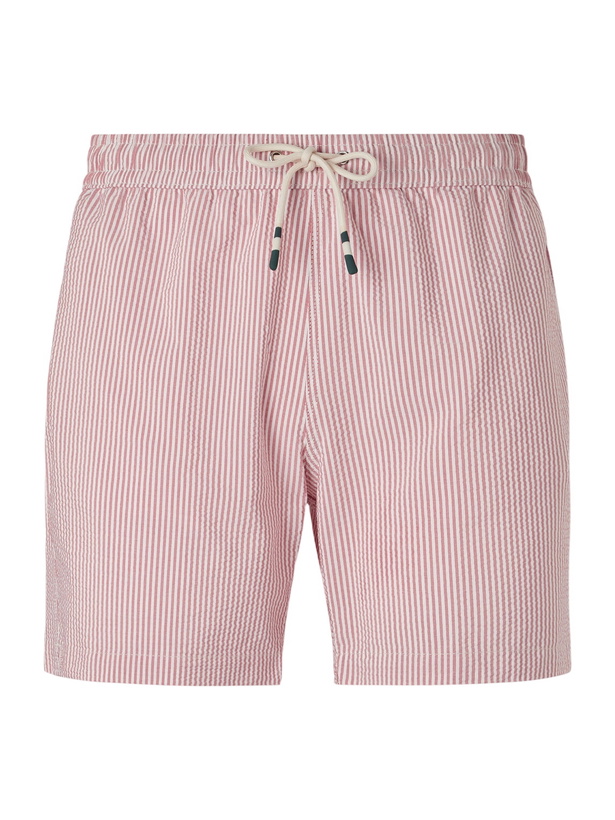Photo: Hartford - Straight-Leg Mid-Length Striped Seersucker Swim Shorts - Red