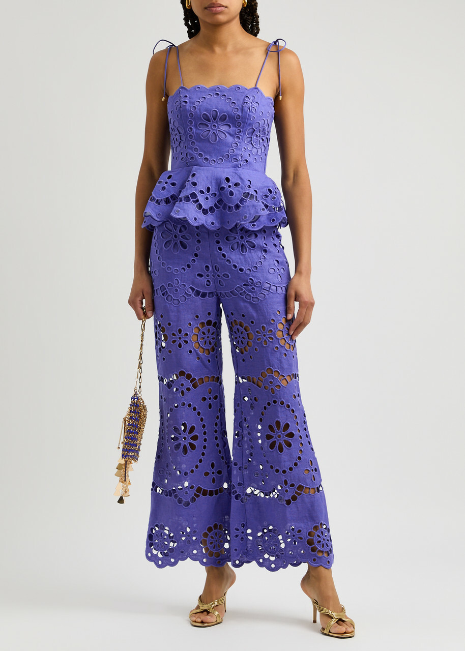 Zimmermann Pop Embroidered Linen Trousers Blue Zimmermann