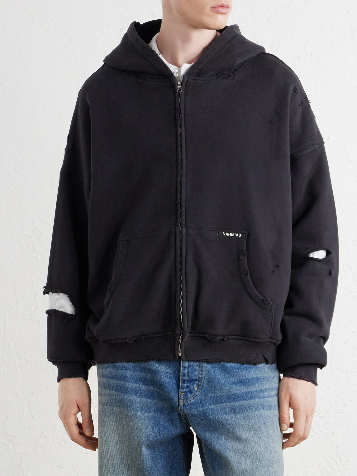 NAHMIAS - Distressed Cotton-Jersey Zip-Up Hoodie - Black