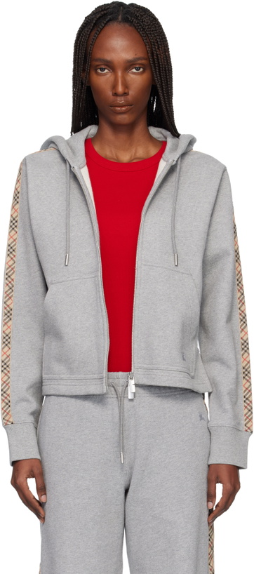 Photo: Burberry Gray Check Trim Cotton Zip Hoodie