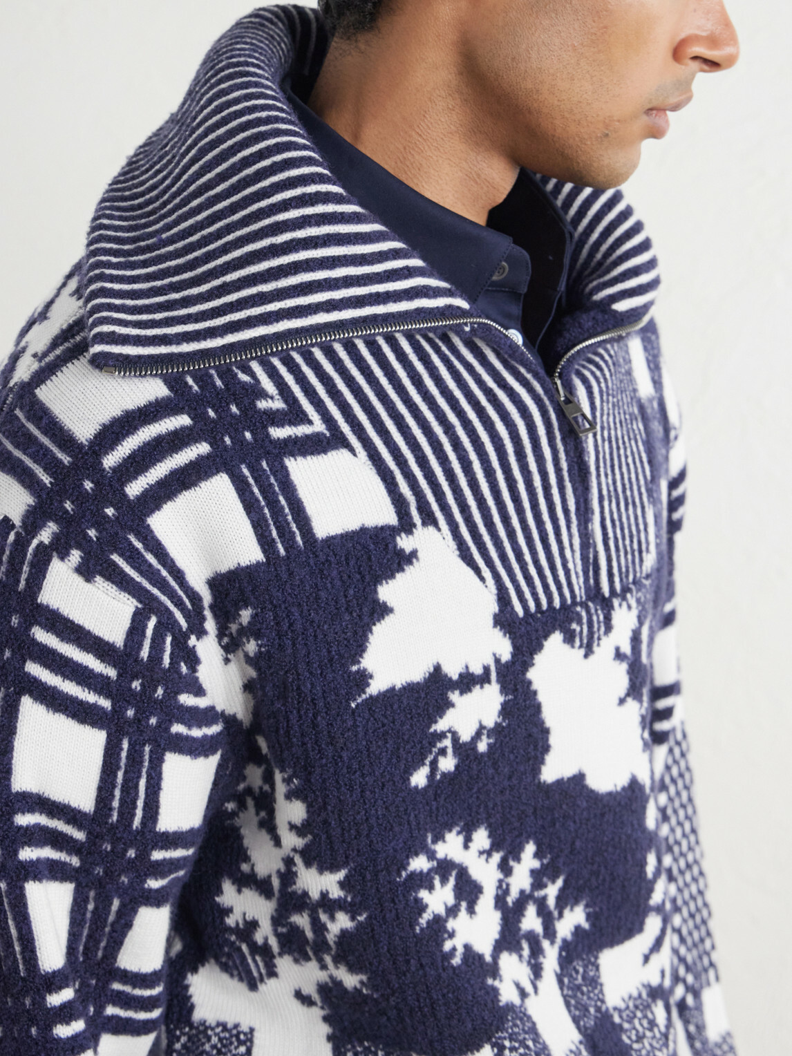 LOEWE - Checked Wool-Blend Half-Zip Sweater - Blue