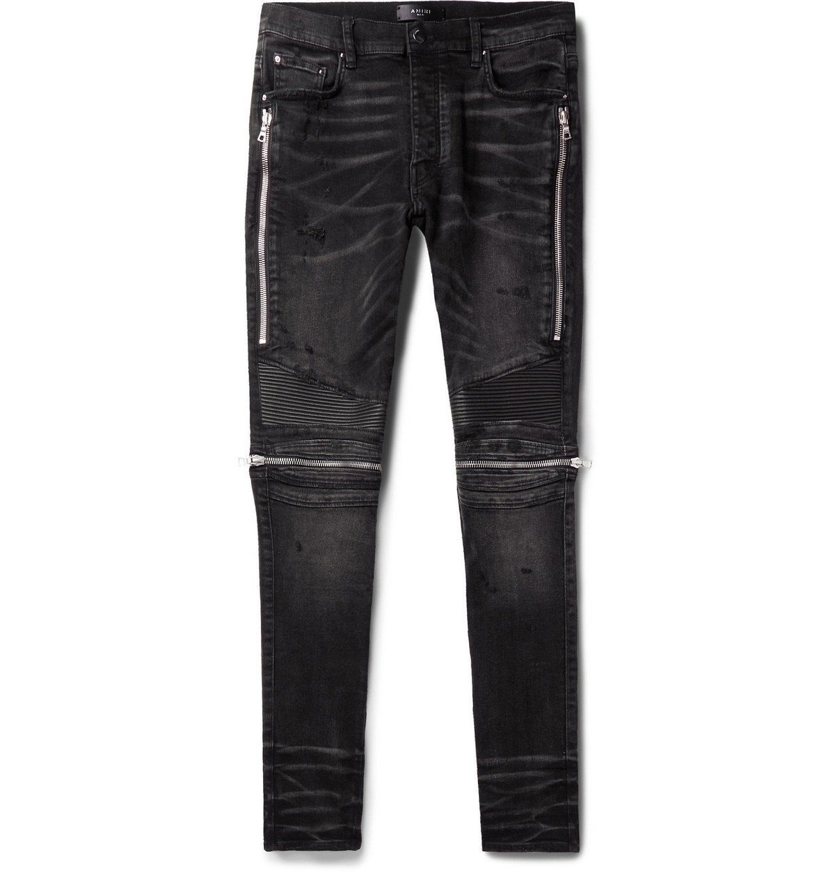 AMIRI - MX2 Skinny-Fit Leather-Panelled Distressed Stretch-Denim