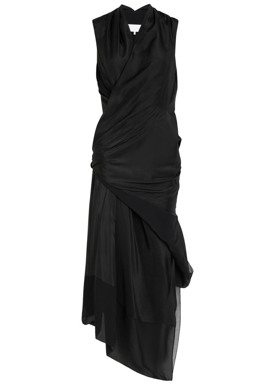 Maison Margiela Gathered Silk Midi Wrap Dress Black
