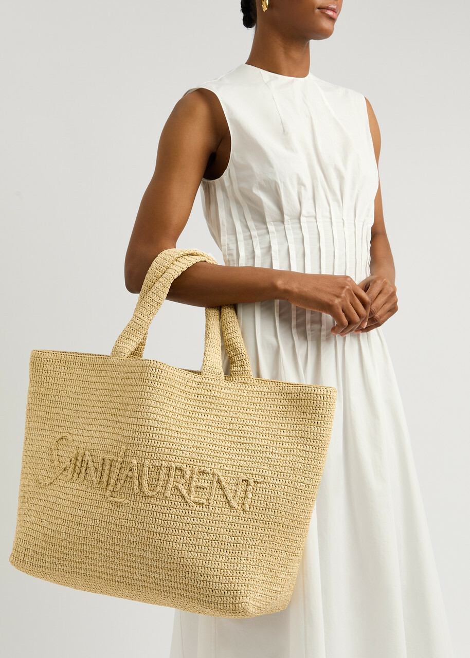トートバッグ Saint Laurent beige raffia logo bag Saint Laurent - Raffia & Navy Logo Embroidered Shopping Tote
