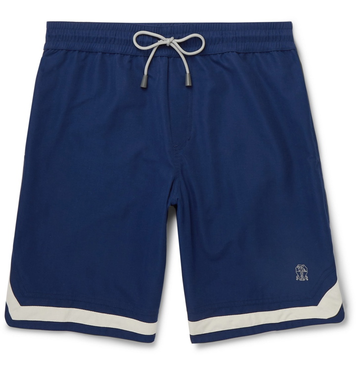 Photo: Brunello Cucinelli - Mid-Length Contrast-Trimmed Swim Shorts - Blue