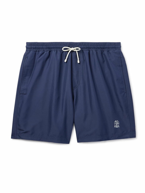 Photo: Brunello Cucinelli - Straight-Leg Mid-Length Logo-Embroidered Swim Shorts - Blue