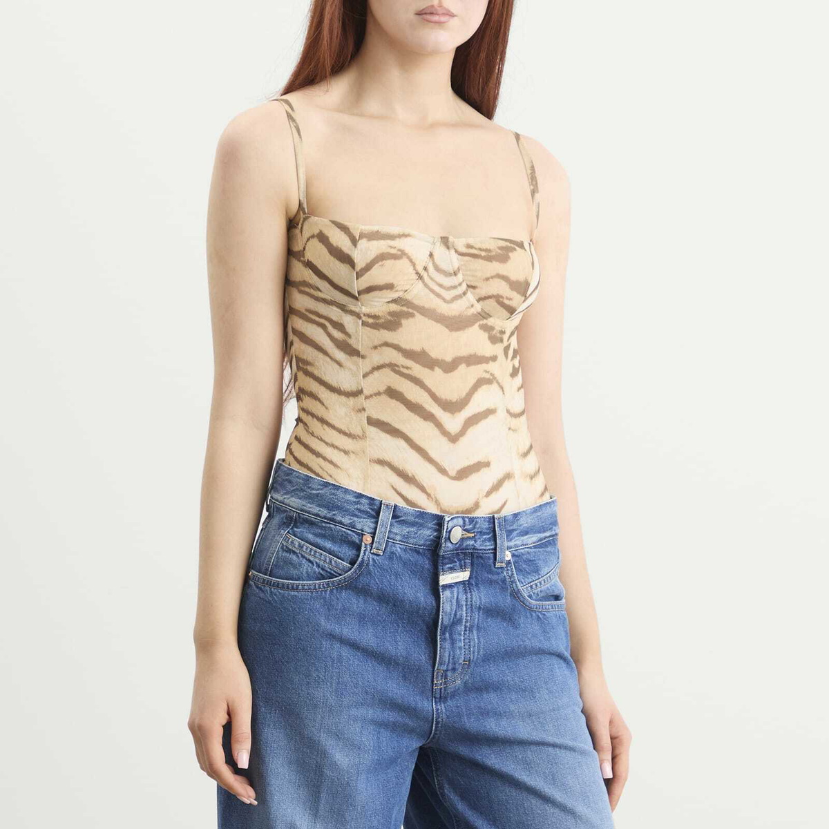 Good American Women's Mesh Bustier Bodysuit in Brown Tiger
