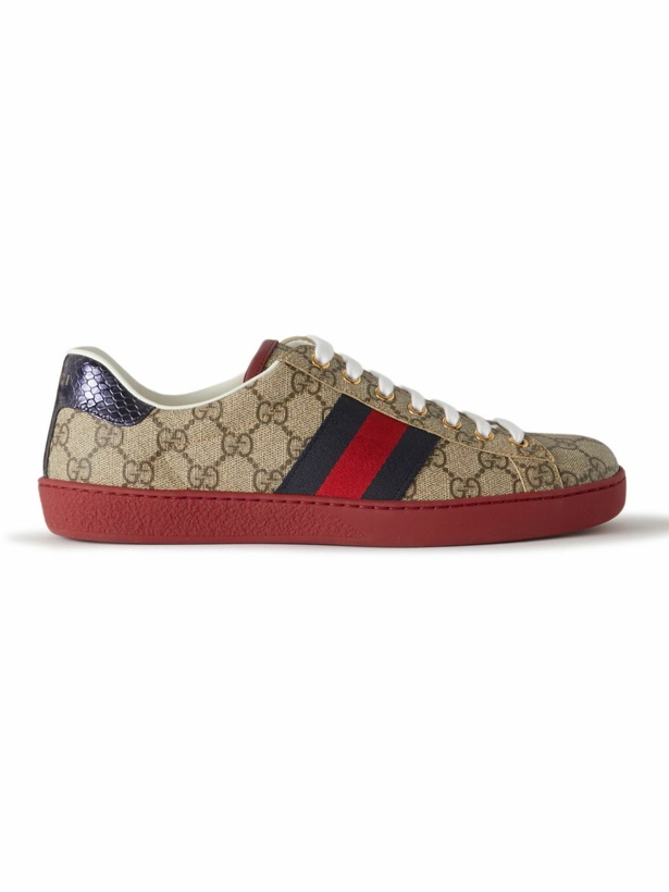 Photo: GUCCI - Ace Webbing-Trimmed Monogrammed Coated-Canvas Sneakers - Neutrals
