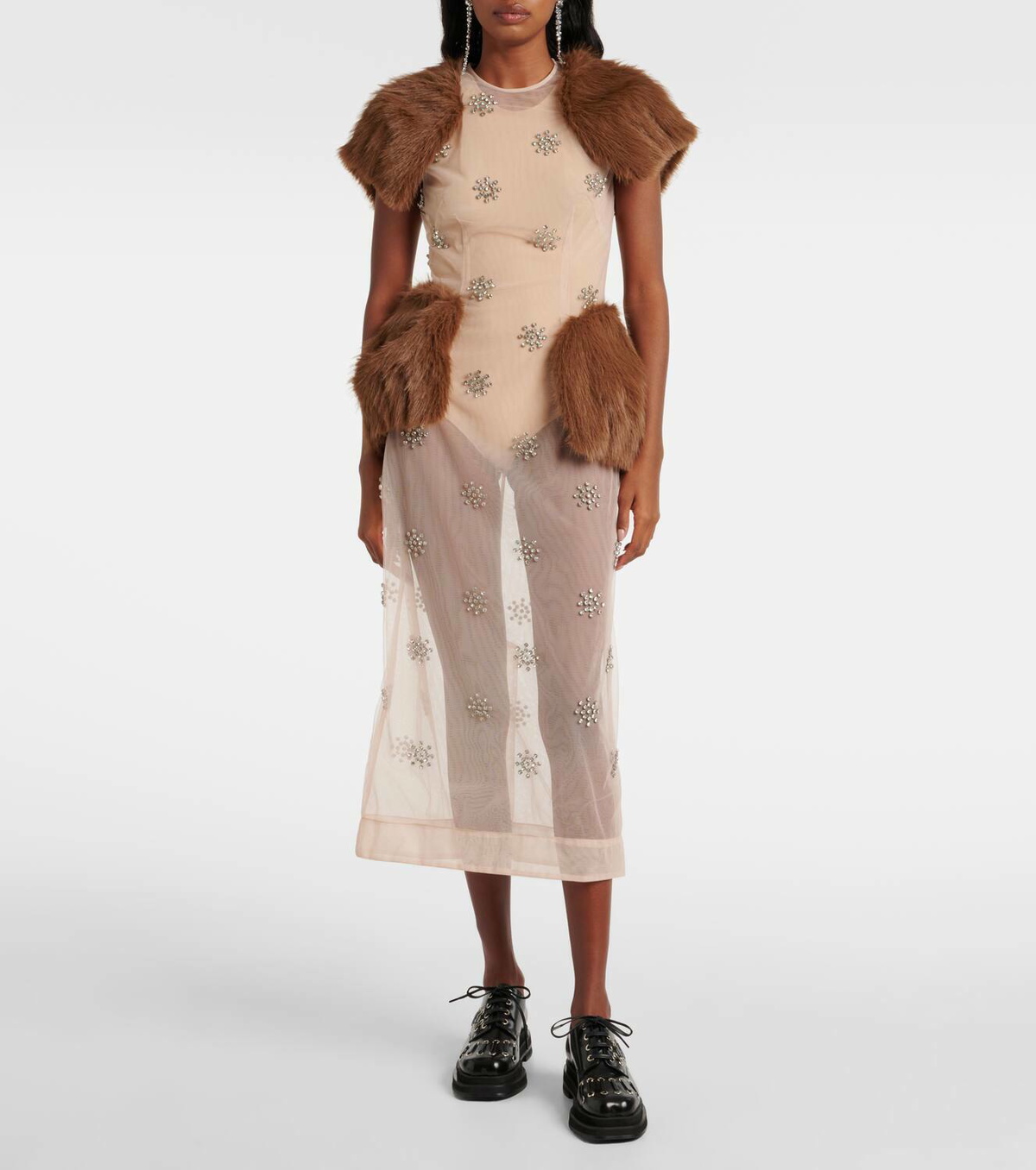 Simone Rocha Faux fur-trimmed embellished sheer midi dress Simone Rocha